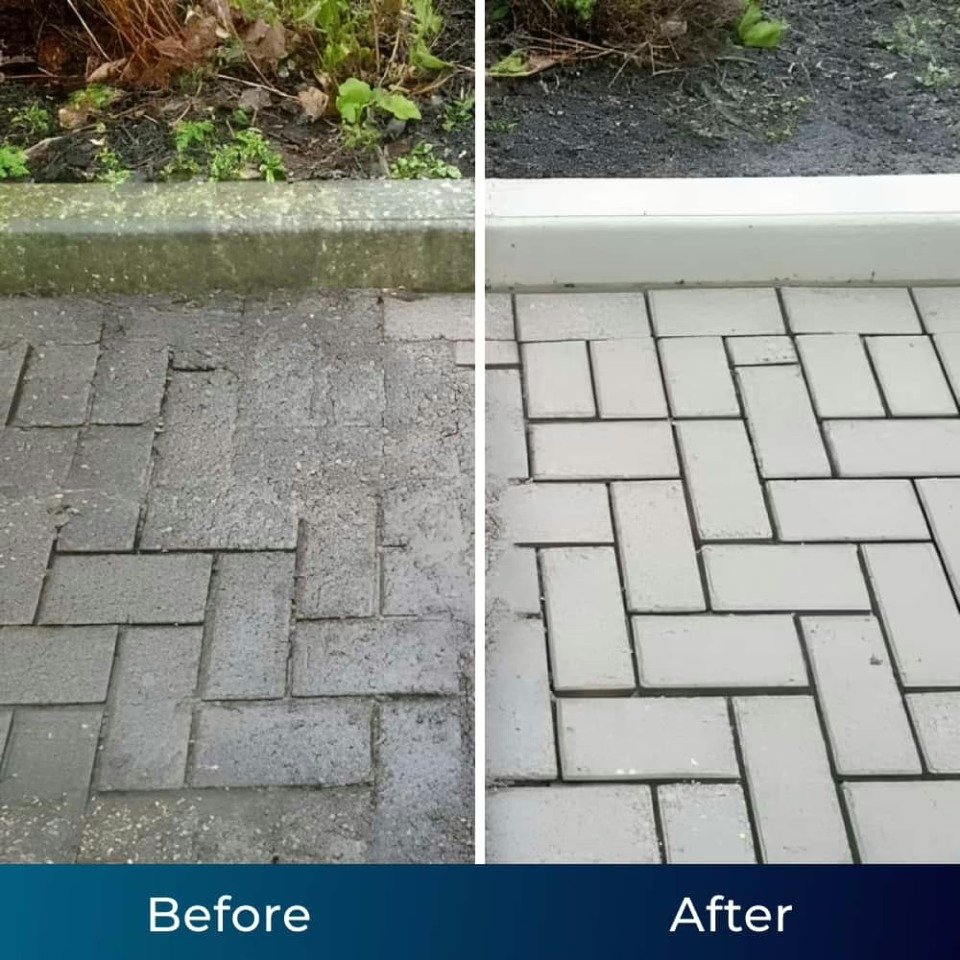 Before and after: grimy patio pavers cleaned with Jetterix