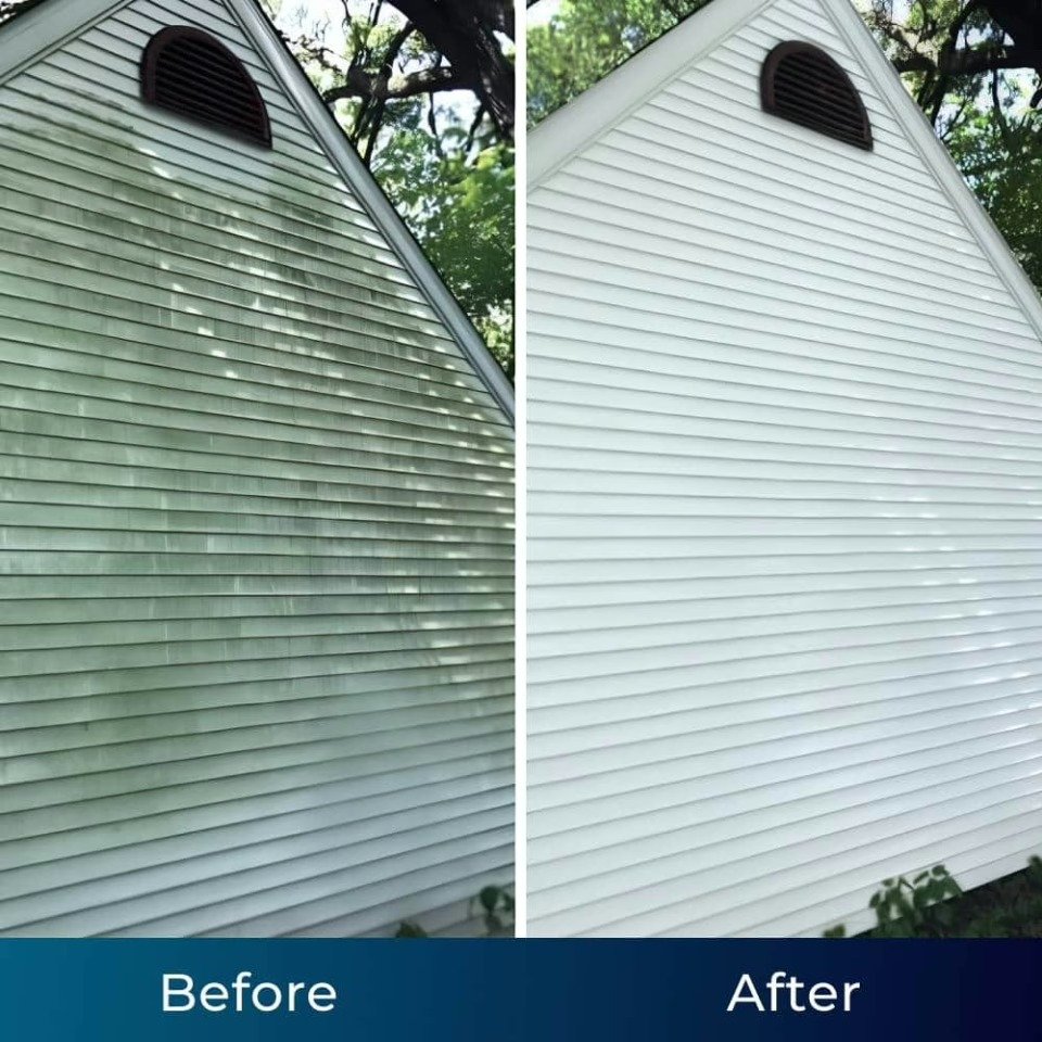 Before and after: algae-stained house siding cleaned with Jetterix